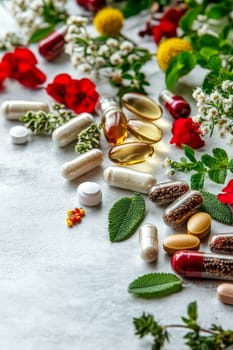 Supplements and vitamins with medicinal herbs. Selective focus. Generative AI, medical