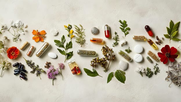 Supplements and vitamins with medicinal herbs. Selective focus. Generative AI, medical
