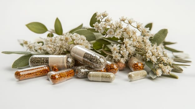 Supplements and vitamins with medicinal herbs. Selective focus. Generative AI, medical