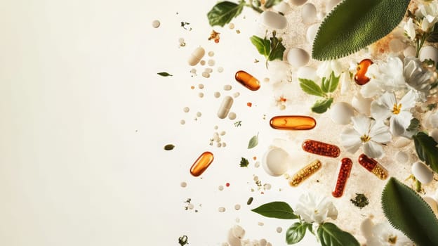 Supplements and vitamins with medicinal herbs. Selective focus. Generative AI, medical