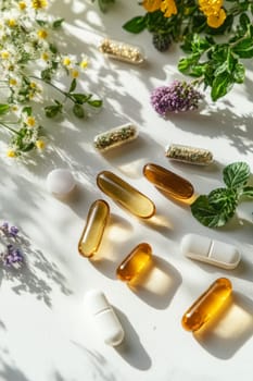 Supplements and vitamins with medicinal herbs. Selective focus. Generative AI, medical
