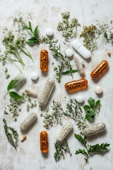Supplements and vitamins with medicinal herbs. Selective focus. Generative AI, medical