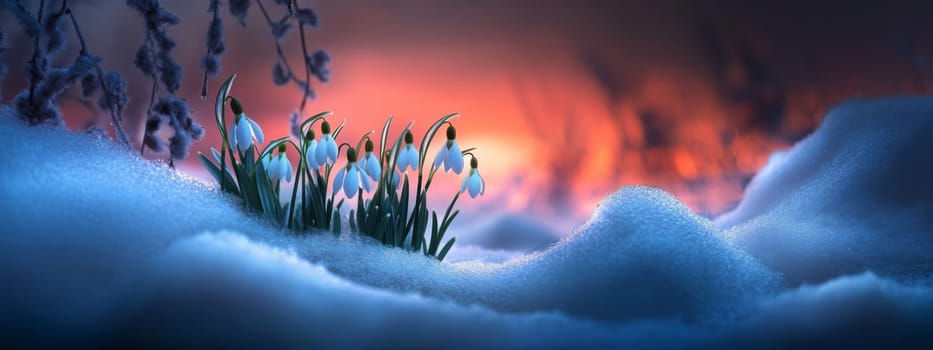 Beautiful snowdrops. selective focus. Generative AI