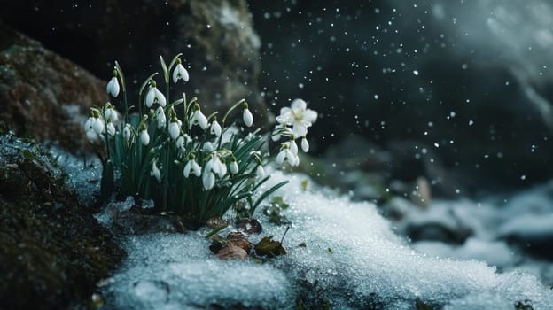 Beautiful snowdrops. selective focus. Generative AI