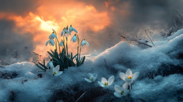 Beautiful snowdrops. selective focus. Generative AI