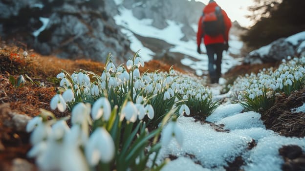 Beautiful snowdrops. selective focus. Generative AI
