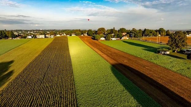 Expansive farmland showcases vibrant crop rows in various shades of green and brown under a bright blue sky. A hot air balloon floats subtly beyond the horizon, adding charm.