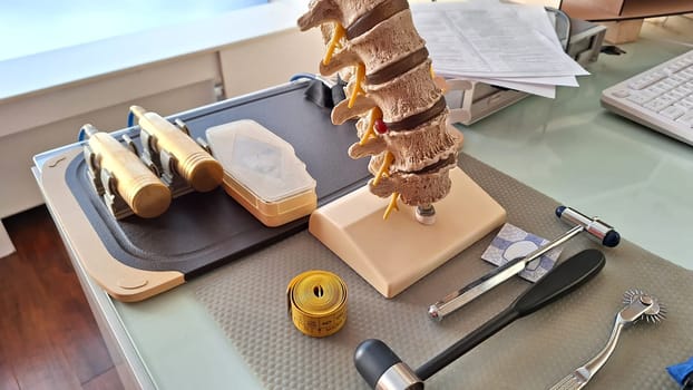 Spinal anatomy model and medical tools on a doctor's desk.