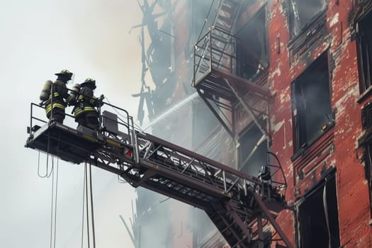Brave firefighters battling urban building blaze with ladder and hose.