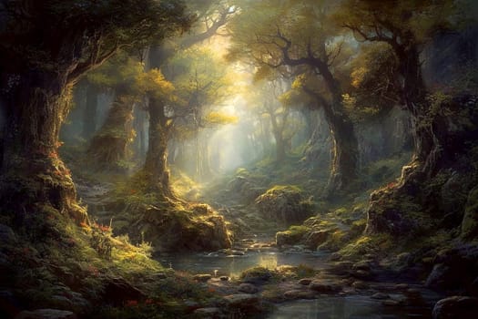 Beautiful old fairytale forest. The stream flows in the forest. The sun's rays break through the crowns of trees. Wildlife scene. Illustration AI.