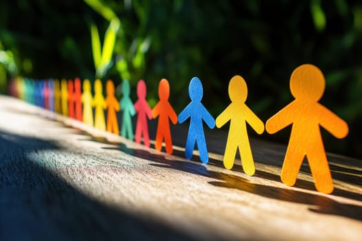A vibrant display of brightly colored paper cutout people standing side by side on a wooden surface, illuminated by natural light, creating a playful and cheerful atmosphere.