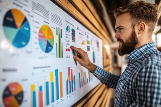 A researcher stands in a modern office, presenting detailed data on a large whiteboard filled with colorful graphs and charts that illustrate key information and insights.