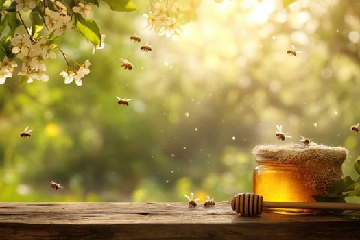 An aged wooden table displays a cozy honey jar, surrounded by blooming flowers and buzzing bees. This enchanting scene captures the essence of nature and sweetness, perfect for food or lifestyle themes.
