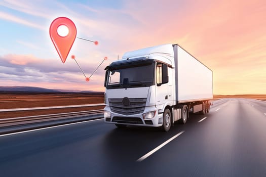 A white truck captured in motion blur while speeding down a highway at sunset. The image conveys a sense of speed, journey, and modern transport efficiency. Perfect for themes of travel and logistics.