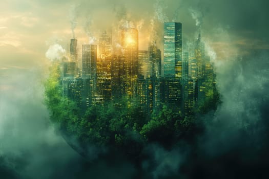 A city is shown in a round shape with a green forest surrounding it. The city is covered in smoke and the sky is cloudy. Scene is dark and ominous