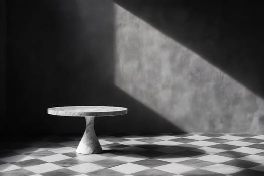 A table is sitting in a room with a wall that has a shadow on it. The table is white and has a round shape. The room is dark and the table is the only object in the room