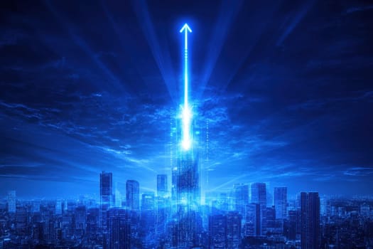 A city skyline with a bright blue sky and a large arrow pointing upwards. Concept of progress and growth, as if the city is reaching for the sky
