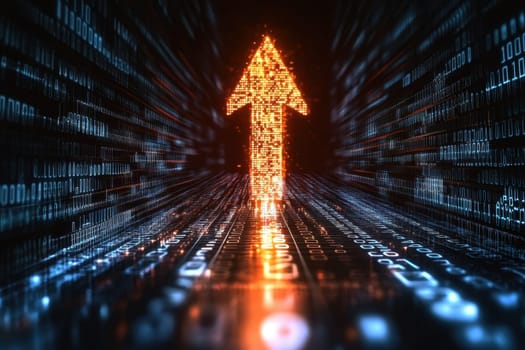 A glowing arrow is pointing upwards through a series of binary numbers. Concept of progress and growth, as the arrow represents a positive direction or upward movement