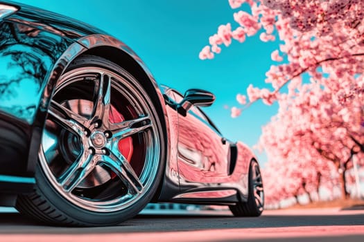 A striking luxury sedan with glossy rims parked diagonally amidst a stunning vibrant scene of cherry blossoms, showcasing elegance and beauty in automotive design.