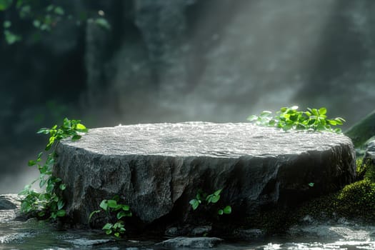 A tranquil display space featuring a rock surrounded by greenery and soft light, creating a dreamy atmosphere perfect for nature-inspired themes.