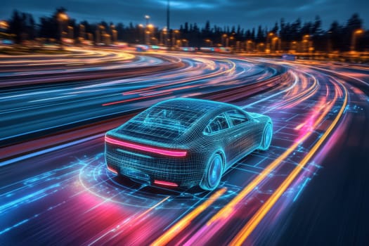 A car is driving down a road with a bright blue and red light show. The car is surrounded by a glowing blue and red pattern, giving it a futuristic and high-tech appearance. The scene is dynamic