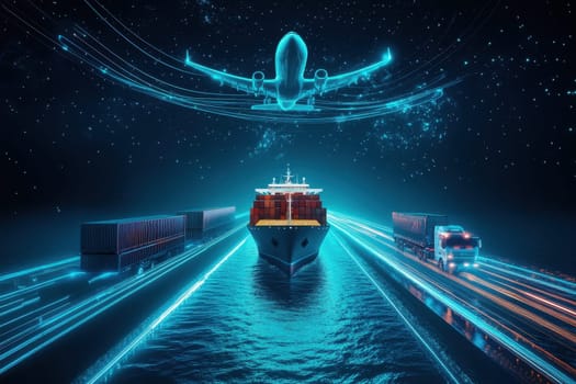 A stunning visual of a cargo ship sailing in calm waters, with an airplane flying above. This image captures the essence of maritime and aerial transport in a vivid, modern design.