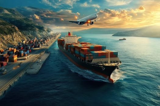 A cargo ship moves through the ocean while trucks drive along the shoreline, showcasing a vibrant scene of transportation and logistics at sea and land.