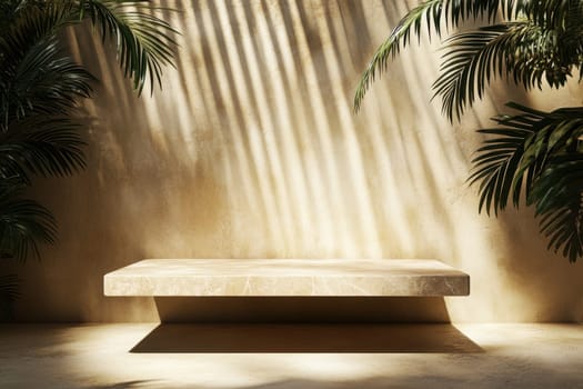 Explore an abstract marble studio backdrop featuring floating elements. This serene scene incorporates natural light and lush greenery to create a peaceful atmosphere.