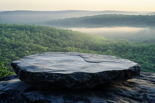A large rock sits on a hillside in the middle of a forest. The rock is surrounded by trees and the sky is cloudy. Scene is peaceful and serene, as if the rock is a quiet spot to sit
