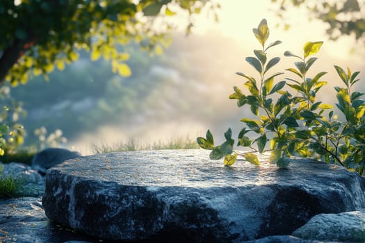 A small tree is growing on a rock. The rock is surrounded by grass and there is a foggy atmosphere