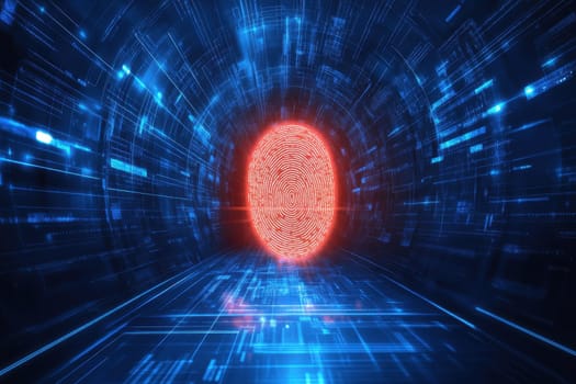 Explore a futuristic digital biometric fingerprint scanner design showcasing a glowing red fingerprint in a high-tech tunnel, symbolizing advanced security and verification technology.