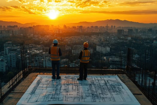 Two men in orange vests stand on a rooftop looking at a large drawing of a city. The sun is setting in the background, casting a warm glow over the scene. Scene is one of focus and determination