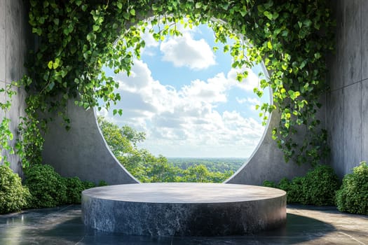 A large round stone platform with a view of trees and a cloudy sky. The platform is surrounded by greenery and has a circular opening in the middle