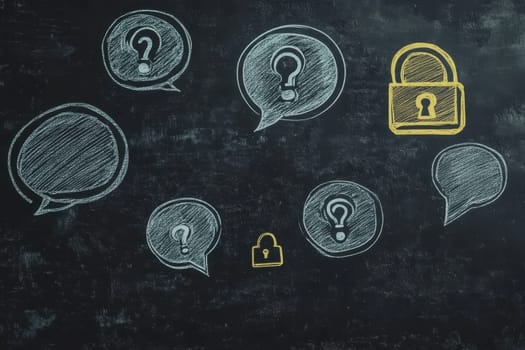 A blackboard with a yellow lock and a bunch of white questions. The questions are scattered all over the board, with some overlapping each other