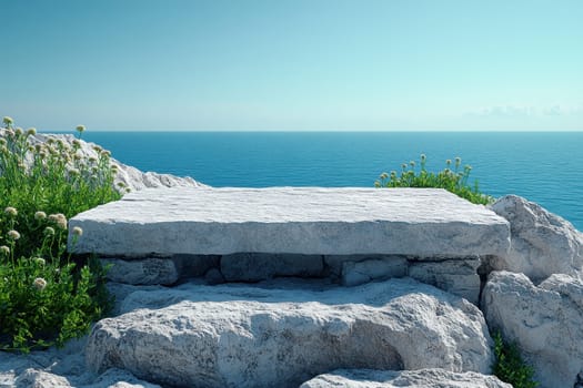 Discover a serene outdoor stone table set against a tranquil seascape, perfect for moments of reflection and relaxation in nature embrace.