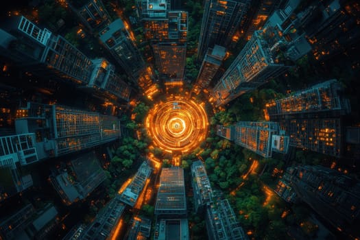 A cityscape with a large circle in the middle surrounded by buildings. The circle is lit up with a warm orange glow, creating a sense of warmth and coziness