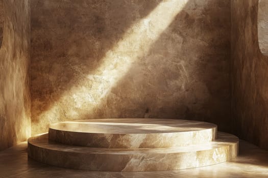 This minimalistic scene features a circular podium designed for product displays. Soft lighting enhances the elegant textures of the neutral background, creating a serene and sophisticated atmosphere perfect for visual presentations.