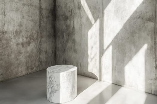 This image features an abstract marble pedestal illuminated by soft light, set in a textured room that emphasizes modern elegance and minimalism.