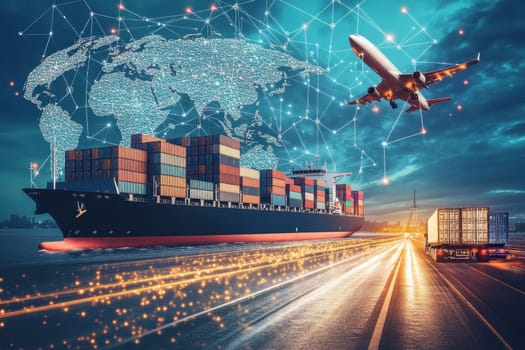 This image showcases a futuristic cargo ship loaded with containers, connected to trucks on a bustling road, symbolizing advanced logistics and global trade.