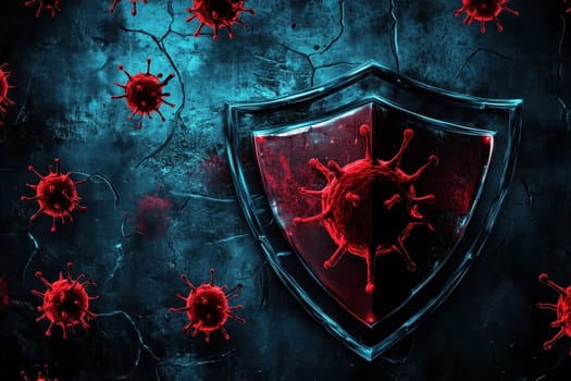 This digital artwork features a dark cyber background with a shield symbolizing protection against viruses. The design incorporates red virus elements, showcasing a modern and futuristic theme.