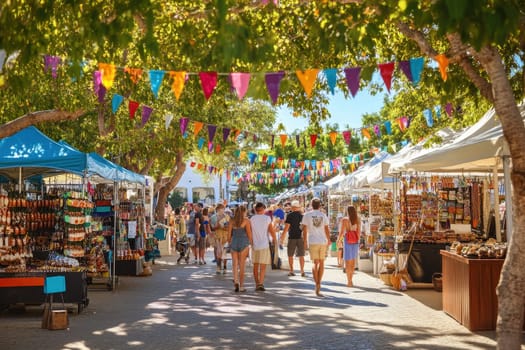 Experience the vibrant atmosphere of a bustling outdoor market, with colorful decorations and diverse vendors showcasing their goods in a lively community setting.