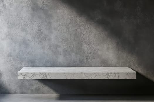 A white shelf with a black wall behind it. The shelf is empty. The wall is textured and the shelf is made of marble