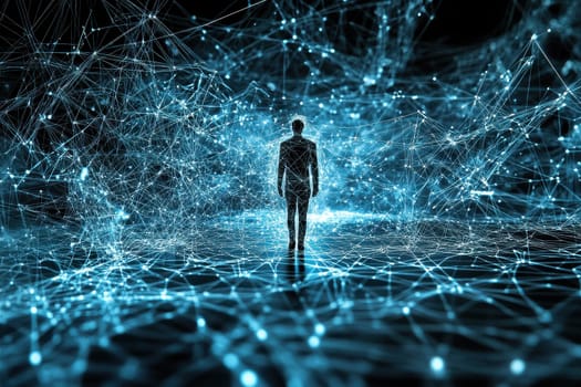 This image illustrates the concept of a user navigating the internet within a complex, abstract digital network. The silhouette represents exploration and interaction in a vast data space filled with glowing connections.
