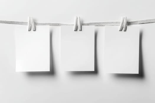 Three white note cards with clothespins on a string. front view white background ..