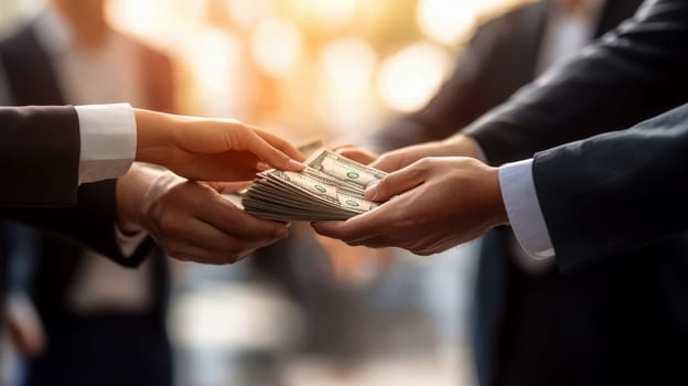 Close-up of hands holding a stack of US dollar bills over a financial report, symbolizing American business transactions..