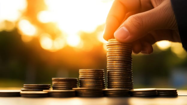 Businessman Counting Coins in Formal Suit with Focus on Hand Gesture and Stack of Coins..