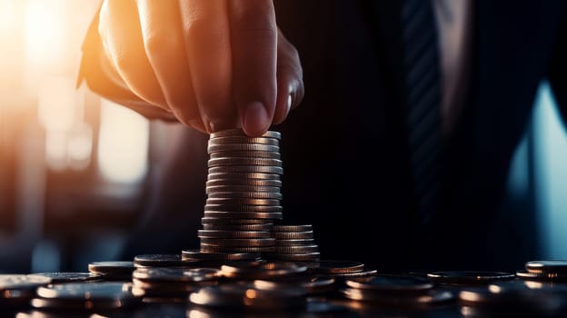 Businessman Counting Coins in Formal Suit with Focus on Hand Gesture and Stack of Coins..