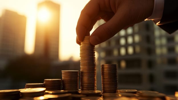 Businessman Counting Coins in Formal Suit with Focus on Hand Gesture and Stack of Coins..
