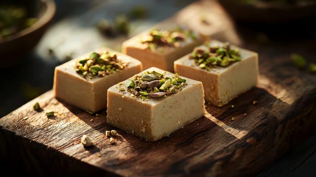 Halva Cubes Lightly Dusted with Crushed Pistachios on a Smooth Marble Surface with Subtle Veins, Illuminated by a Soft Golden Glow and Arranged for a Sophisticated Presentation.