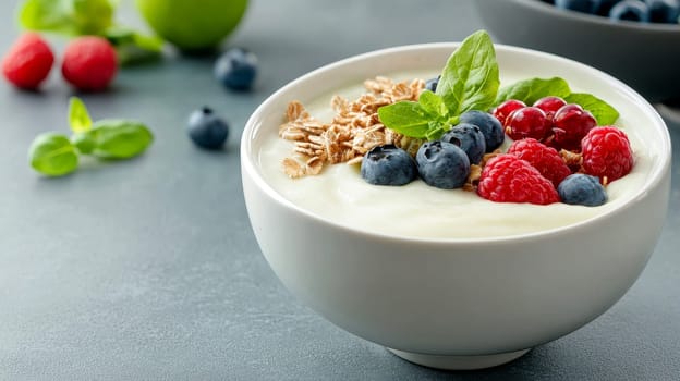 Fresh Healthy Breakfast Bowl with Creamy yogurt bowl topped and fresh berries..